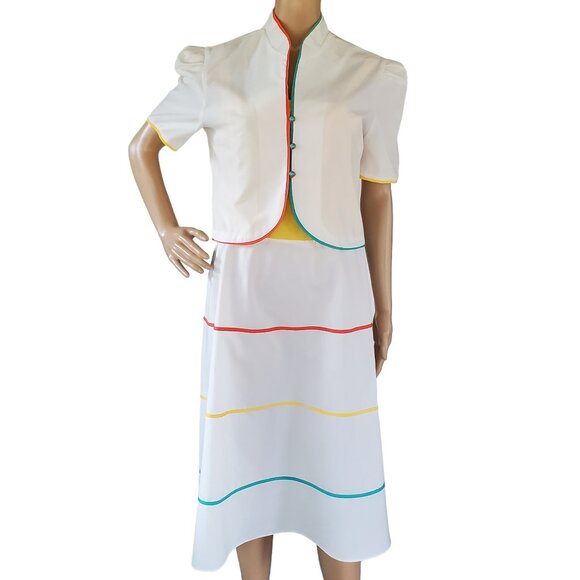 2 Piece Jacket Dress Women's S Sheath Sundress Midi Stripe Tie Belt Square Neck - Picture 4 of 12